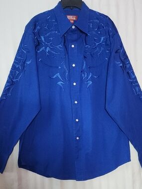 Men's Royal Blue Embroidered Western Button-Down Shirt